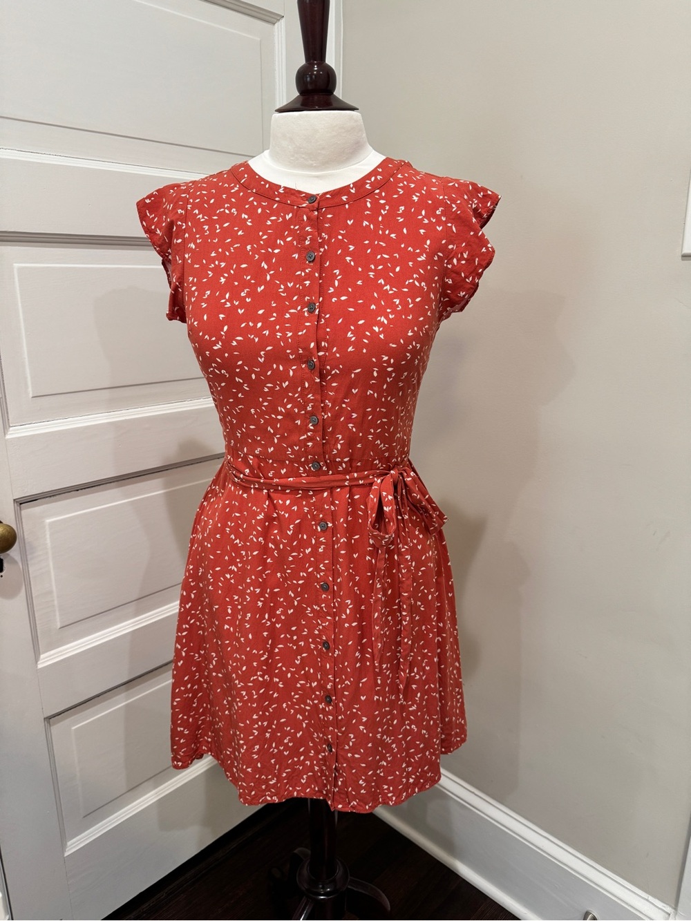 LOFT Rust Red Button-Front Cap-Sleeve Dress with Waist Tie